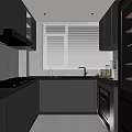 Modern Kitchen Interior Design With Gray Cabinets Countertop And Window Blinds 3d model