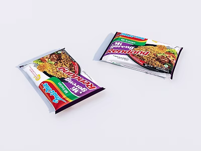 Two Packs Of Indomie Instant Noodles With Colorful Packaging And Food 3d model