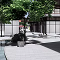 Modern Commercial Landscape With Pergola Shops Outdoor Seating Trees Stone Benches Sculpture And Reflective Water