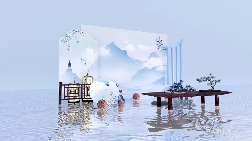 Traditional Chinese Interior With Mountain Landscape Lit Lantern Wooden Table Bonsai And Water Reflection 3d model 