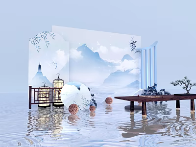Traditional Chinese Interior With Mountain Landscape Lit Lantern Wooden Table Bonsai And Water Reflection 3d model