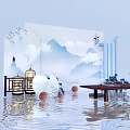 Traditional Chinese Interior With Mountain Landscape Lit Lantern Wooden Table Bonsai And Water Reflection
