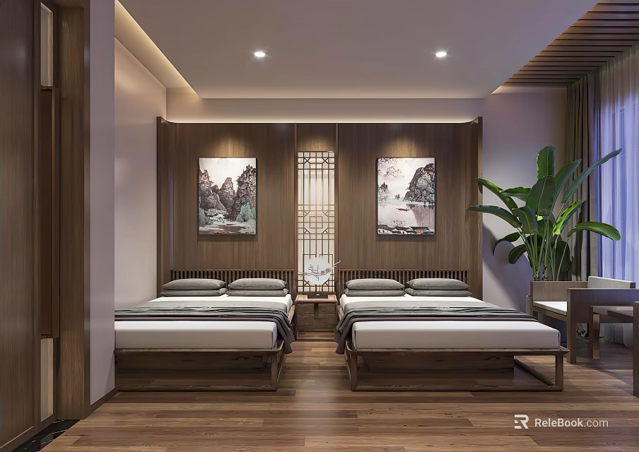 Chinese Hotel Guest Room With Twin Wooden Beds Wall Paintings Lattice Screen And Potted Plant 3d model 