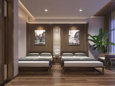 Chinese Hotel Guest Room With Twin Wooden Beds Wall Paintings Lattice Screen And Potted Plant 3d model