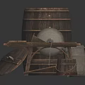 Vintage Rustic Wooden Barrel Setup With Stone Mill And Small Bucket Design 3d model