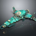 Futuristic Teal Spaceship 3D Model With Gold Accents And Mechanical Design