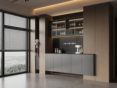 Modern Wine Cabinet With Glass Doors Displaying Bottles In Bright Interior With Mountain View 3d model