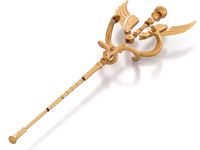 Golden Metallic Scepter Weapon with Intricate Structure and Wing Decorations 3d model