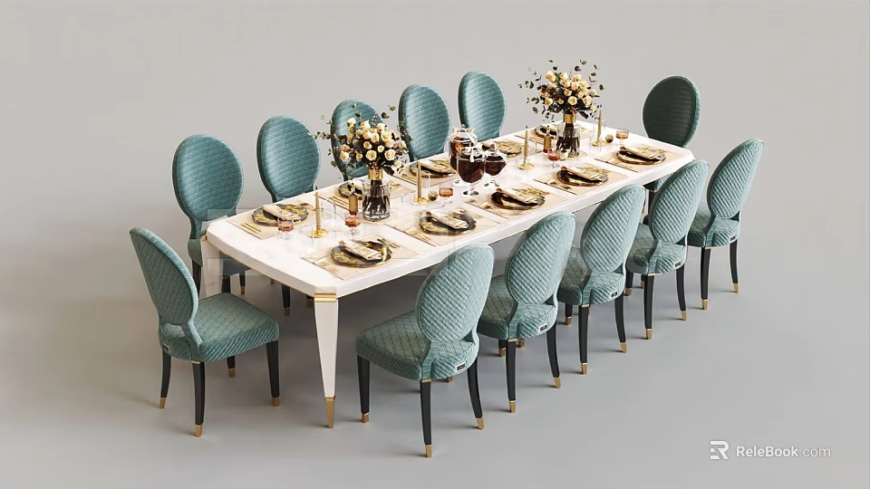 Modern Elegant Dining Table Set With Turquoise Chairs White Table And Gold Accents 3d model 