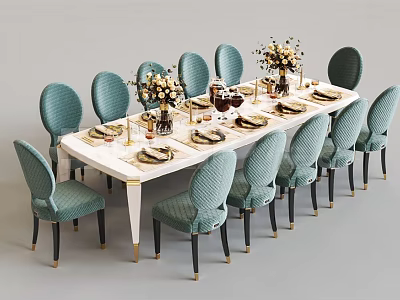 Modern Elegant Dining Table Set With Turquoise Chairs White Table And Gold Accents 3d model