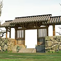 Traditional Entrance Gate With Tile Roof Stone Walls And Surrounding Trees In Grassland