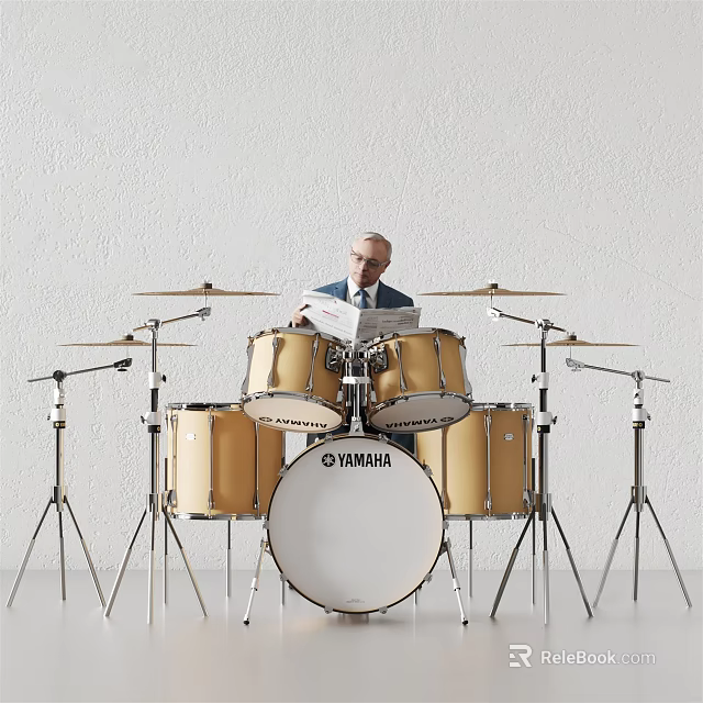 Golden Yamaha Drum Set With Cymbals And Musician Playing Drums In Studio 3d model 