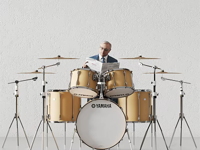 Golden Yamaha Drum Set With Cymbals And Musician Playing Drums In Studio 3d model
