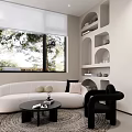 Modern White Reception Desk Interior With Arched Doorway Sofa Bookshelf And Natural Light
