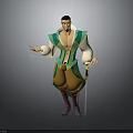 3D Male Character In Green White Outfit Yellow Pants Holding Tray With Cups And Sword