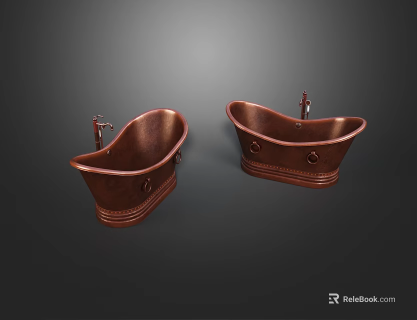 Two Classic Copper Clawfoot Bathtubs With Vintage Ornate Carvings And Faucets 3d model 
