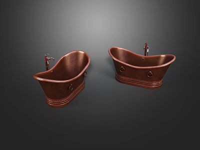 Two Classic Copper Clawfoot Bathtubs With Vintage Ornate Carvings And Faucets 3d model
