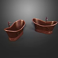 Two Classic Copper Clawfoot Bathtubs With Vintage Ornate Carvings And Faucets