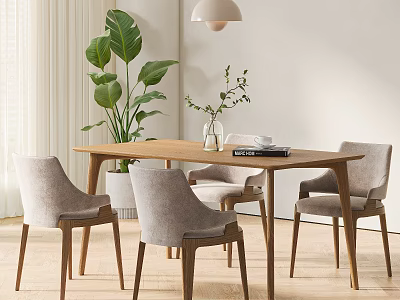 Wooden Dining Table With Light Gray Chairs Large Green Plant And Pendant Light Modern Interior 3d model