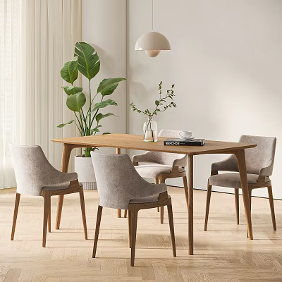 Wooden Dining Table With Light Gray Chairs Large Green Plant And Pendant Light Modern Interior 3d model