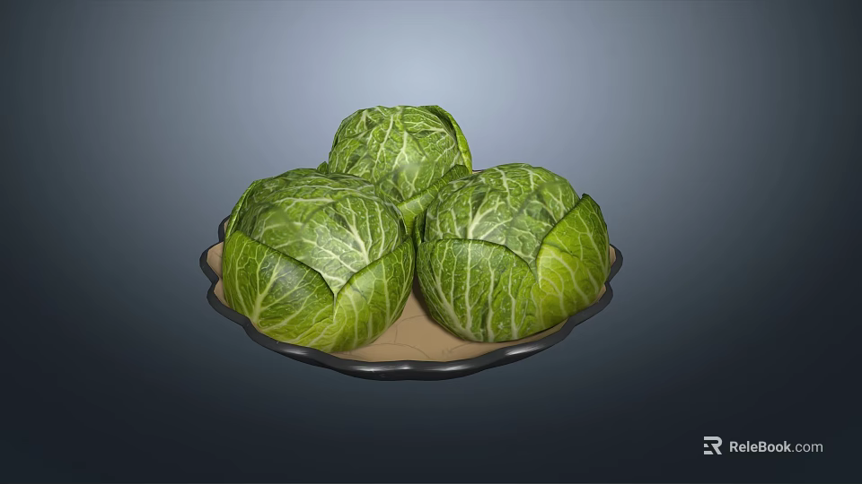 Three Fresh Green Cabbages on a Plate with Vibrant Leaves 3d model 