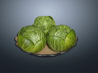 Three Fresh Green Cabbages on a Plate with Vibrant Leaves 3d model