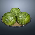Three Fresh Green Cabbages on a Plate with Vibrant Leaves