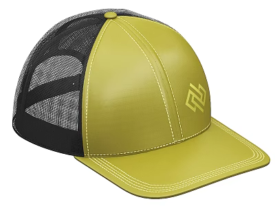 Yellow and Black Trucker Hat with Gold Logo and Mesh Back Design 3d model