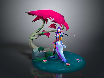 Female Character In Purple Blue Outfit With Red Tree Floating Lotus Petals And Water Area 3d model