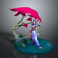 Female Character In Purple Blue Outfit With Red Tree Floating Lotus Petals And Water Area