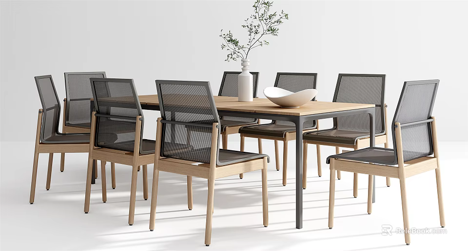Modern Wooden Dining Table Set With Mesh Backrest Chairs Vase Plant And Bowl 3d model 