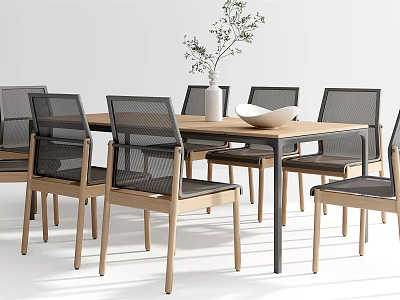 Modern Wooden Dining Table Set With Mesh Backrest Chairs Vase Plant And Bowl 3d model