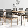 Modern Wooden Dining Table Set With Mesh Backrest Chairs Vase Plant And Bowl