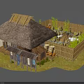 Traditional Thatched Roof Building With Bamboo Fence Wooden Barrels And Stone Steps