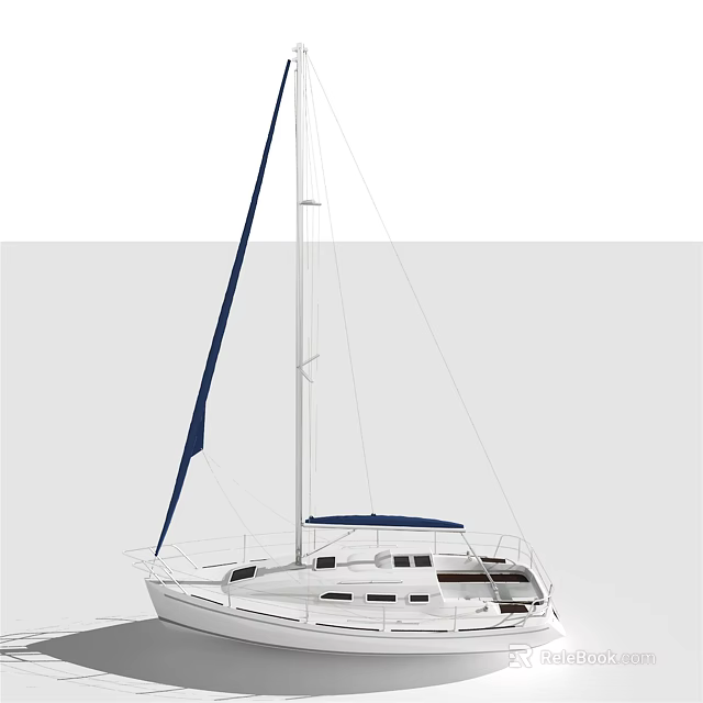 Classic White Sailboat Featuring Blue Sail Mast And Spacious Deck Design 3d model 