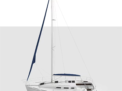 Classic White Sailboat Featuring Blue Sail Mast And Spacious Deck Design 3d model