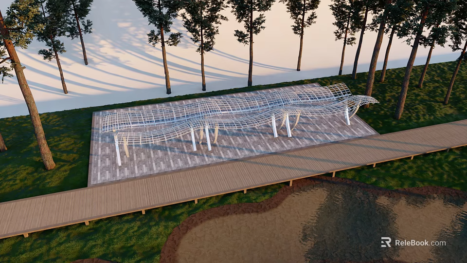 Outdoor Modern Pergola With Metal Frame Wooden Walkway And Trees 3d model 