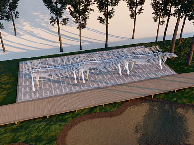 Outdoor Modern Pergola With Metal Frame Wooden Walkway And Trees 3d model