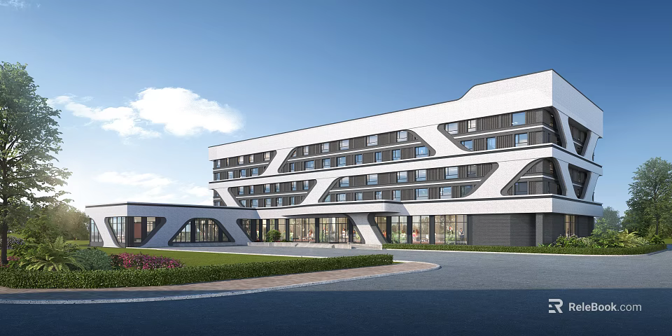 Modern Office Building Exterior With Geometric Facade Large Windows Entrance And Lawn Area 3d model 