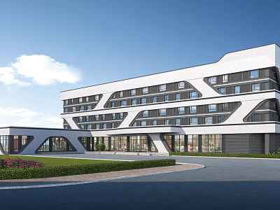 Modern Office Building Exterior With Geometric Facade Large Windows Entrance And Lawn Area 3d model