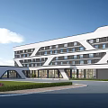 Modern Office Building Exterior With Geometric Facade Large Windows Entrance And Lawn Area