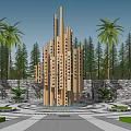 Golden Tall Sculpture with Palm Trees Pine Trees Stone Wall and Circular Pavement