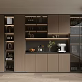 Elegant Modern Wine Cabinet Interior With Glass Doors Storage Shelves Coffee Machine And Plant