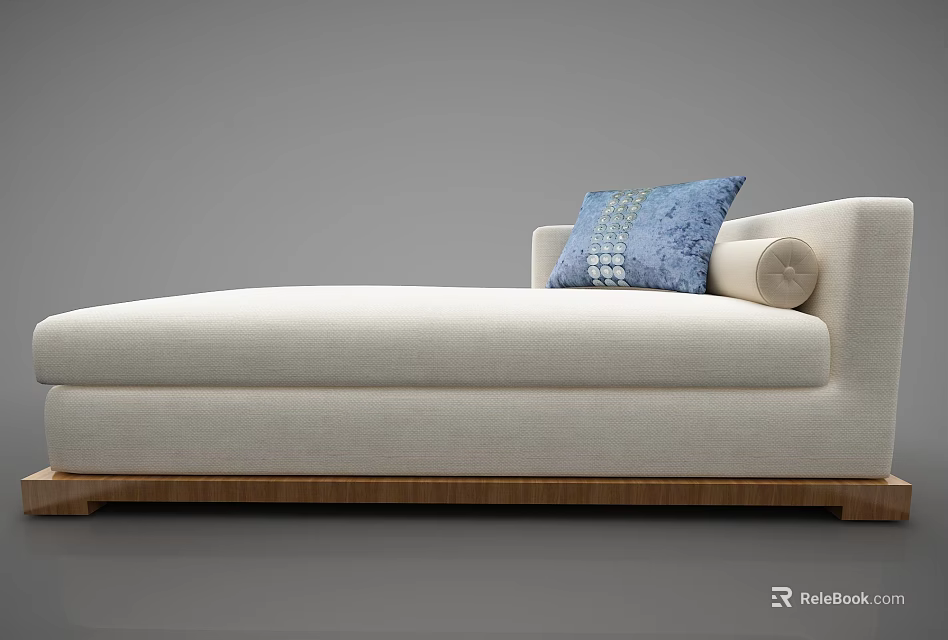 Modern White Fabric Chaise Lounge With Blue Patterned Cushion Round Pillow And Wooden Base 3d model 
