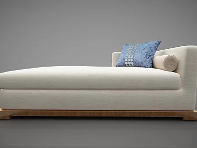 Modern White Fabric Chaise Lounge With Blue Patterned Cushion Round Pillow And Wooden Base 3d model