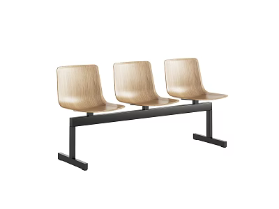 Three Seat Public Chair With Wooden Seats And Black Metal Frame 3d model