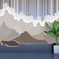 Light colored Modern Background Wall Design With Layered Geometric Mountain Pattern Lighting And Green Plant 3d model