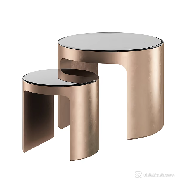 Modern Round Top Side Tables With Copper Metal Base And Black Glass Surface 3d model 