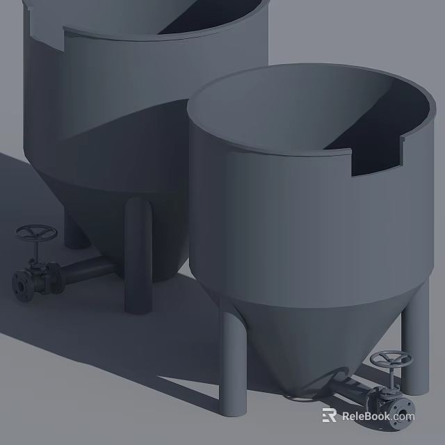 Gray Industrial Storage Containers With Conical Bottom Valves Stands And Material Handling 3d model