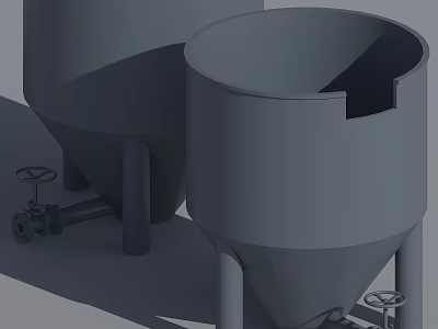 Gray Industrial Storage Containers With Conical Bottom Valves Stands And Material Handling 3d model